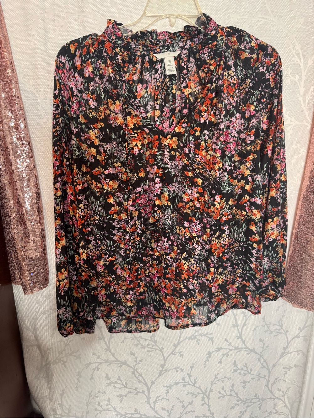 H&M Black Floral Long-Sleeve Blouse with Pink & Orange Accents
